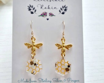 Bee and solid honeycombe drop earrings, bumble bee, honey bee, Laser cut perspex and Sterling Silver,Yellow Gold