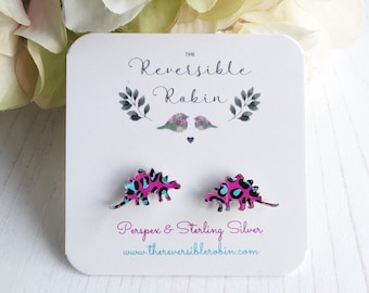 Dinosaur Stegosaurus Stud Earring Studs, Laser cut perspex and Sterling Silver, Simple, Quirky Jewellery