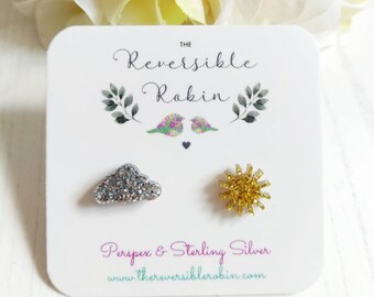Cloud and Sun Stud Earrings: Sterling Silver & Perspex, Quirky Jewelry
