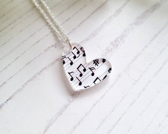 Heart Music note Pendant: laserxut acrylic and Sterling Silver Chain, Music Notes
