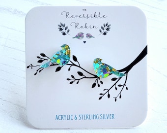 Bird Stud Earrings, Laser Cut perspex and Sterling Silver, Unique, Colourful Bird Jewellery