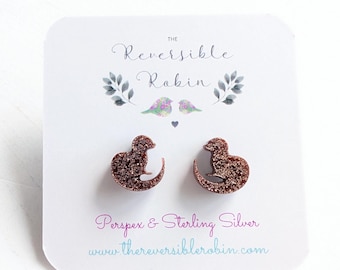 Otter Studs Earrings, laser cut acrylic and Sterling Silver posts, quirky nature jewellery