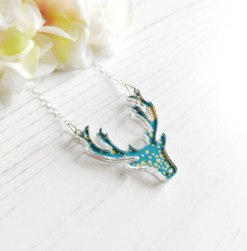 Patterned paper with Laser Cut perspex and Sterling Silver Stag Necklace Reversible 2 in 1 necklace