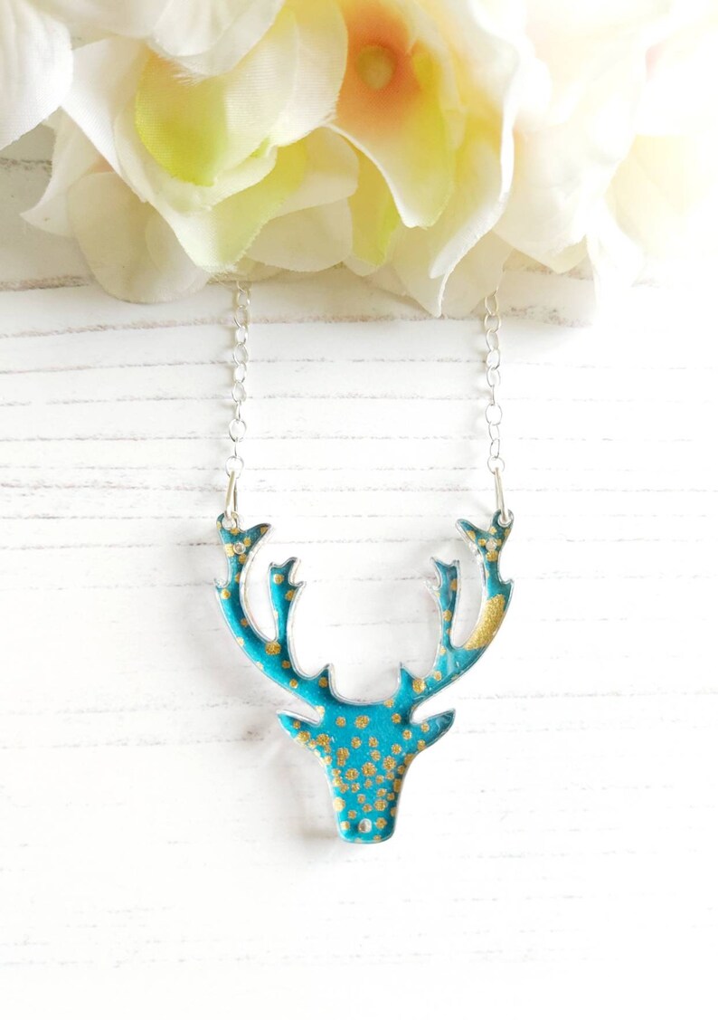 Patterned paper with Laser Cut perspex and Sterling Silver Stag Necklace Reversible 2 in 1 necklace