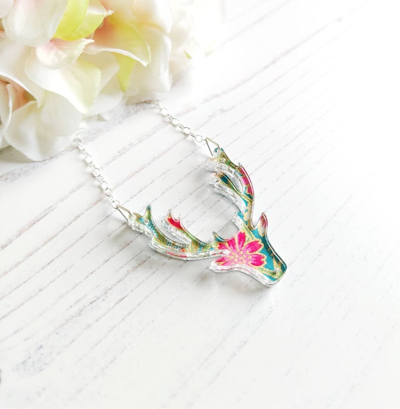 Patterned paper with Laser Cut perspex and Sterling Silver Stag Necklace Reversible 2 in 1 necklace