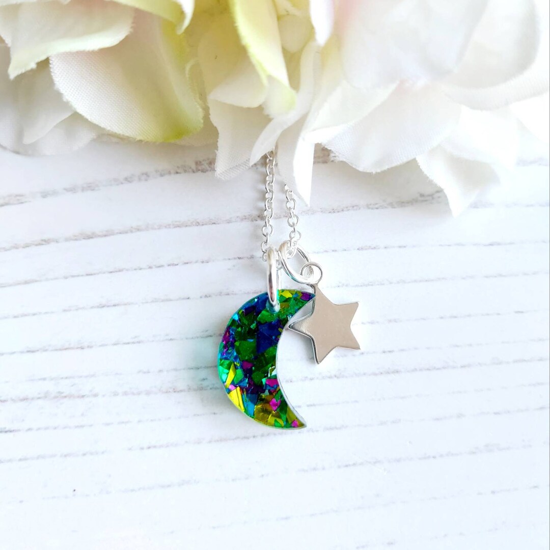 Glitter Acrylic Moon and Sterling Silver Star Pendant - Celestial ...