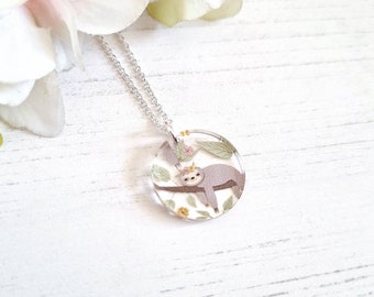 Sloth pendant, Laser cut Acrylic and sterling silver. Circle, heart star, you choose the shape
