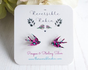 Swallow Stud Earring Studs, Laser cut perspex and Sterling Silver, Simple, Quirky Jewellery