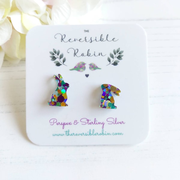 Bunny Rabbit Stud Earring Laser cut perspex and Sterling SIlver, Simple, Quirky Jewellery