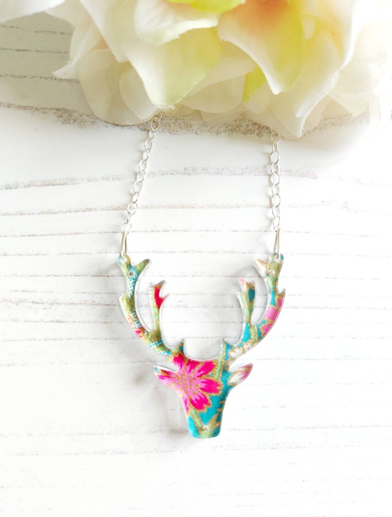 Patterned paper with Laser Cut perspex and Sterling Silver Stag Necklace Reversible 2 in 1 necklace