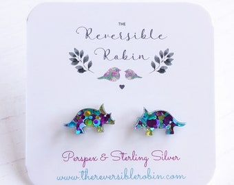 Dinosaur Triceratops Stud Earring Studs, Laser cut perspex and Sterling Silver, Simple, Quirky Jewellery