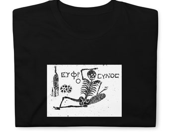 May include: Black t-shirt featuring a white graphic of a skeleton reclining with a wine bottle and text. The design has a vintage, distressed look. The text on the graphic is in a stylized font.
