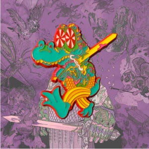 May include: A colorful enamel pin featuring a cartoon alligator with a yellow sword. The alligator is teal, green, and orange with red and white eyes. The background is a purple illustration with various creatures.
