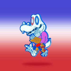 May include: A blue, white, and pink cartoon alligator pin. The alligator has a skeleton body, holding a sign that reads "Miracle". The background is a gradient of red, white, and blue.