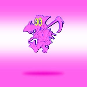 May include: A pink cartoon character with a scythe, set against a gradient pink background. The character has large yellow eyes and is holding the scythe. The design is a stylized illustration, possibly a pin or sticker.
