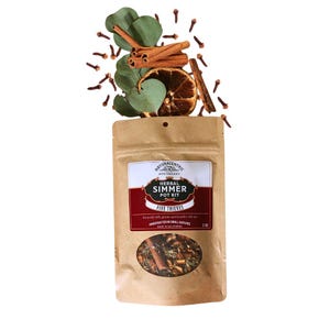 May include: A brown paper pouch labelled Naturacentric Apothecary Herbal Simmer Pot Kit Five Thieves, 2 oz. The pouch features a clear window showing dried herbs and spices, topped with eucalyptus leaves, cinnamon sticks, cloves, and a dried orange slice.