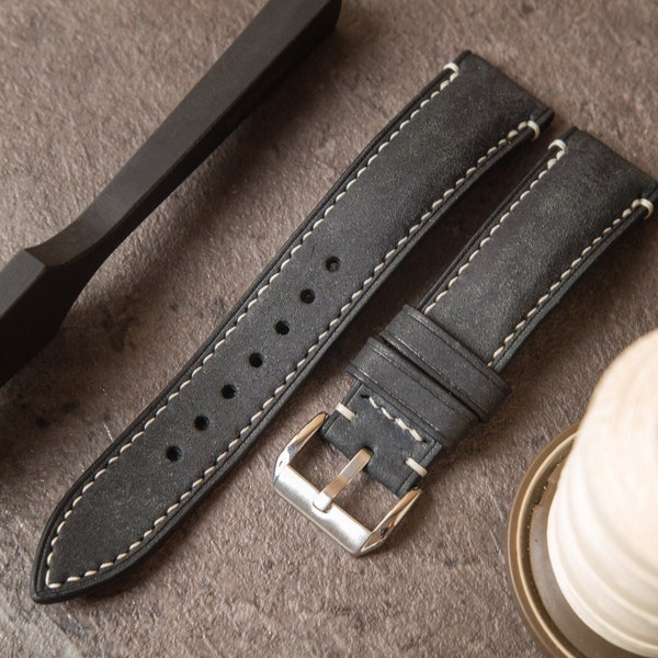 Black leather watch strap , handmade custom vintage watch strap 14mm 16mm 18mm 20mm 21mm 22mm 23mm 24mm 26mm (Seventhcreation Lo series)