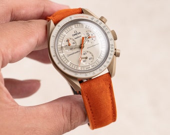 Orange nubuck minerva strap for moonswatch jupiter