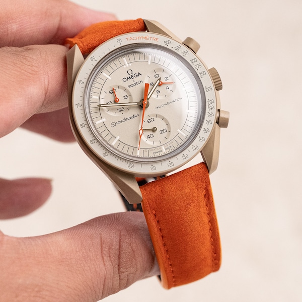 Orange nubuck minerva strap for moonswatch jupiter