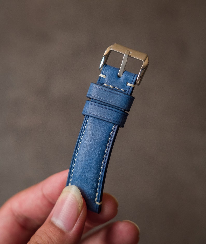 Blue leather watch strap ,handmade watch band 16mm 18mm 19mm 20mm 21mm 22mm 23mm 24mm 26mm vintage strap seventhcreation Lo series image 5