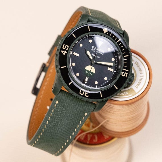 Forest Green Saffiano Strap for Blancpain X Swatch Green Abyss