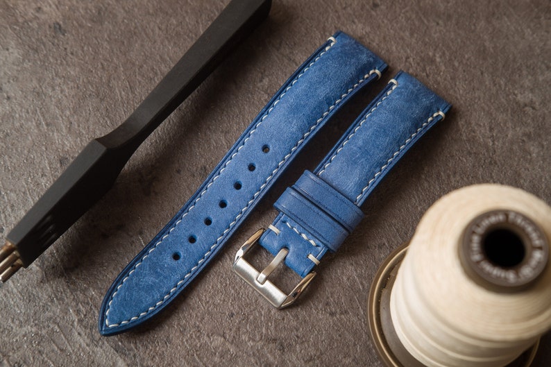 Blue leather watch strap ,handmade watch band 16mm 18mm 19mm 20mm 21mm 22mm 23mm 24mm 26mm vintage strap seventhcreation Lo series image 1