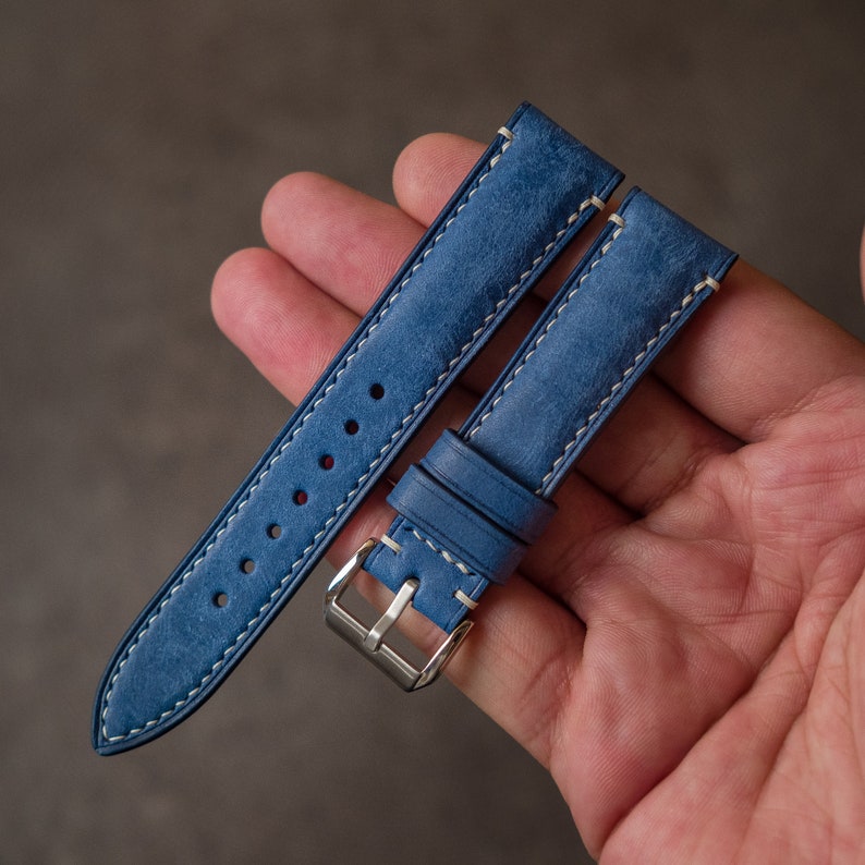 Blue leather watch strap ,handmade watch band 16mm 18mm 19mm 20mm 21mm 22mm 23mm 24mm 26mm vintage strap seventhcreation Lo series image 3