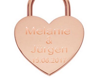 NEU Liebesschloss Herz in Rose-Gold mit Gravur Groß 60x45 mm Vorhängeschloss Love Padlock