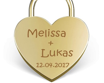 NEU Liebesschloss Herz in Gold mit Gravur Groß 60x45 mm Vorhängeschloss Love Padlock