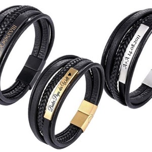 ID leather bracelet with stainless steel plate + engraving as desired. Five-fold band 21 cm