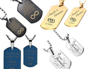 Massiv ID Partner Dog Tag Anhänger mit Kette aus Edelstahl + Gravur nach Wunsch in 4 Farben Set