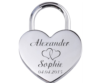 NEU Liebesschloss Herz in SILBER mit Gravur Groß 60x45 mm Vorhängeschloss Neu Love Padlock