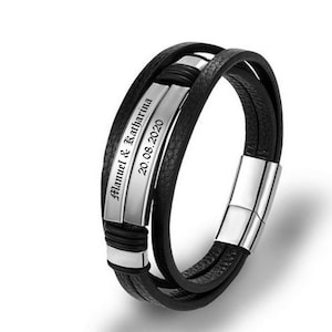 ID leather bracelet with two stainless steel plates + engraving as desired. Quadruple band