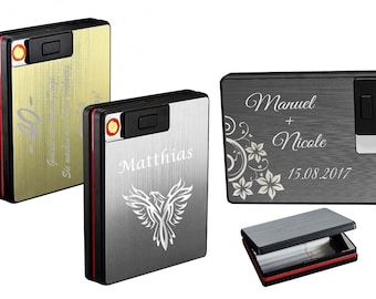 Cigarette case with engraving of your choice and storm lighter + USB cable 3 colors