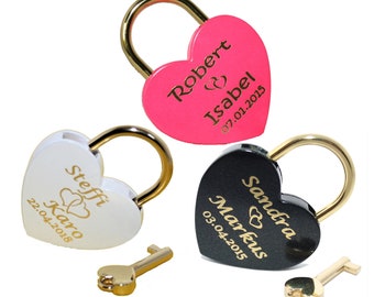 NEW love lock heart with engraving of your choice Large 60 x 45 mm padlock white, black, pink / gold