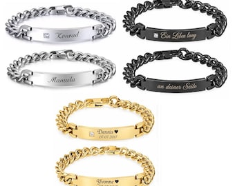 May include: A collection of six metal chain link bracelets with rectangular identification plates. Two are silver-toned with names Konrad and Manuela, two are black with German text, and two are gold-toned with names Dennis and Yvonne.