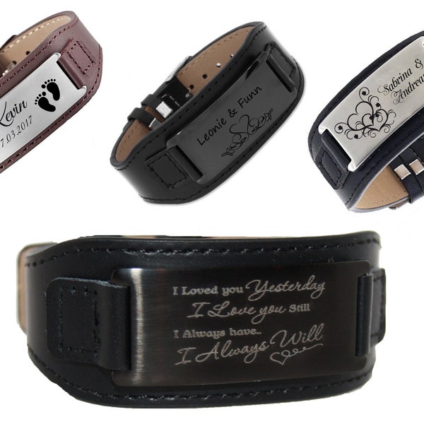 ID Leder Armband mit Edelstahlplatte mit Gravur nach Wunsch in 3 Farben , NEU Personalisiert