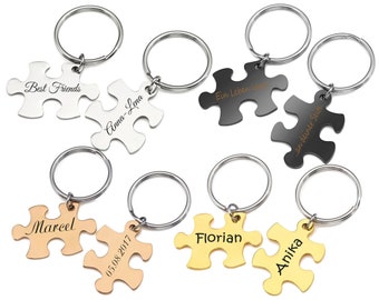 Puzzle Partner-Schlüsselanhänger mit Gravur nach Wunsch 2 Stück Set in 4 Farben mit Geschenkbeutel