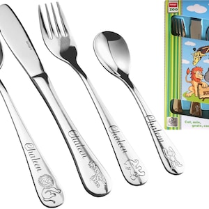ID Kinderbesteck Zoo Tiere mit Gravur nach Wunsch 4-teilig Edelstahl mit Box Neu