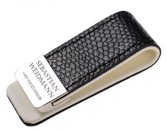 Money clip with engraving as desired Money clip stainless steel leather black NEW