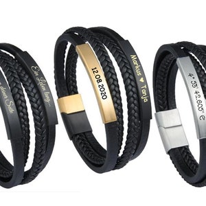 Läderarmband med två plattor i rostfritt stål + valfri gravyr, 3 varianter, 20,5 cm