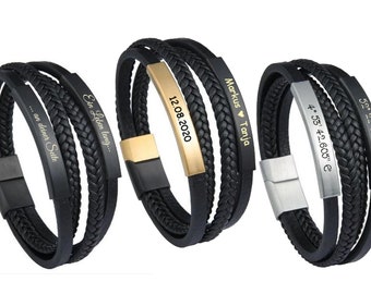 Leather bracelet with two stainless steel plates + engraving as desired, 3 variants, 20.5 cm