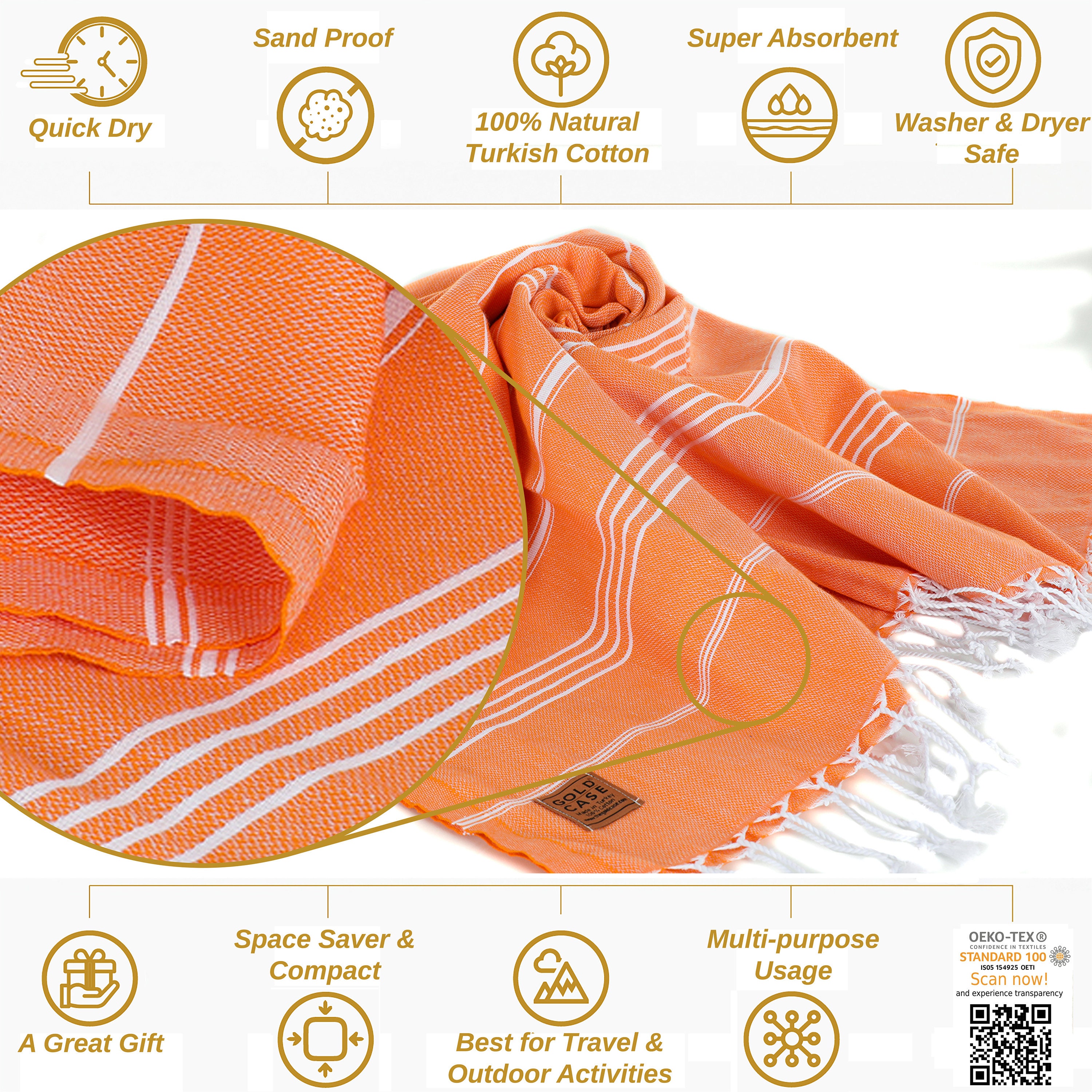 Gold CASE – Set Of 6 XXL Turkish Pestemal Towels (70x38 In) – 100% Cotton, Quick Dry, OEKO-TEX Certified