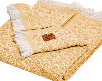 Retro Throw & Blanket Series by GOLD CASE - 50x60 Inches - Super Soft - 100% Washed Cotton - Decorative for Couch, Farmhouse- Mustard