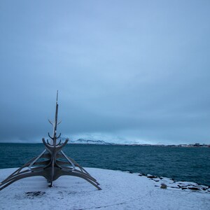 The Sun Voyager on the coast of Iceland from the rear. (Stock photo, business use or personal Digital print.)