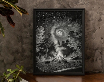 Fantastical campfire in the woods, print on recycled paper, magic of the forest and mystery of the starry night sky, nature wall art print