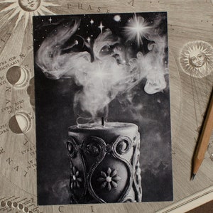 Cartolina con candela mistica – Candela spenta che si trasforma in cielo stellato notturno / Arte spirituale per meditazione, simpatia, biglietto di lutto