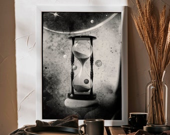 Cosmic hourglass print on recycled paper, The Sands Of Time picture in antique style, cosmology and symbolism, abstract retro wall art