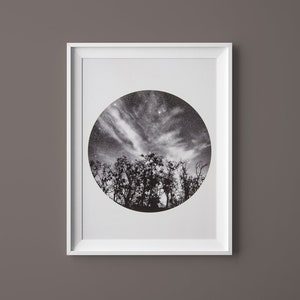 Stampa fotografica di paesaggio di alberi con stelle e nuvole in design rotondo su carta baritata, foresta scura con cielo notturno stellato, arte murale