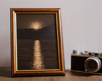 Moonlit Sea Framed Wall Art, Iridesent Picture on golden brushed aluminium in wooden frame, full moon at night photograph in vintage design